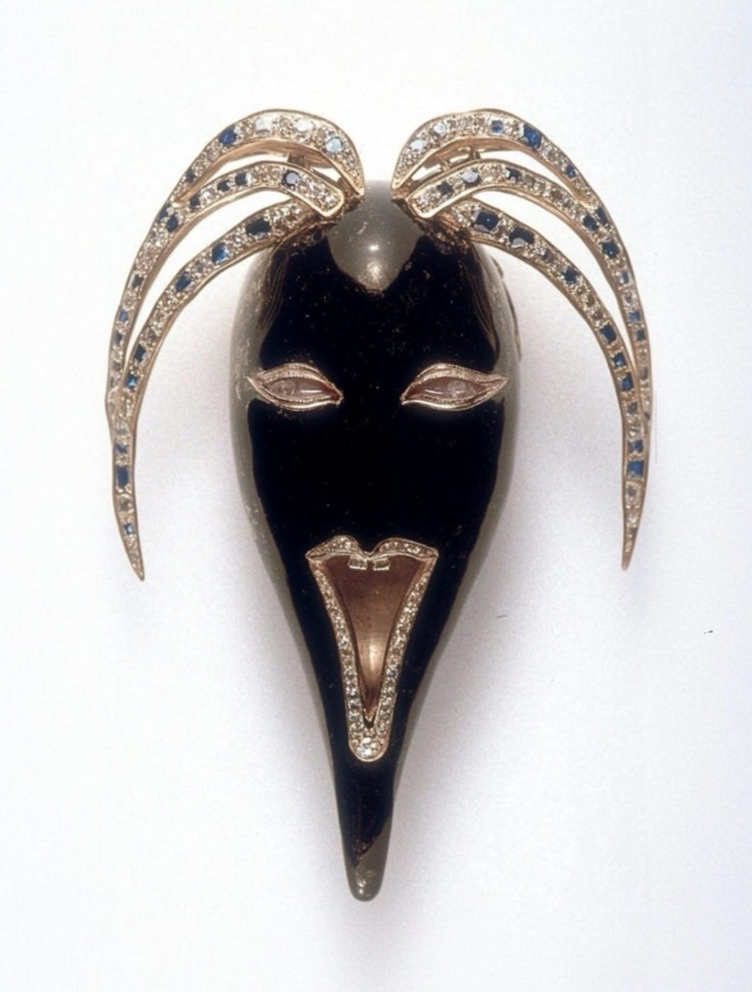 The Scream Brooch by Nilofar — a one-of-a-kind 14k yellow-gold enamel mask brooch set with diamonds and sapphires