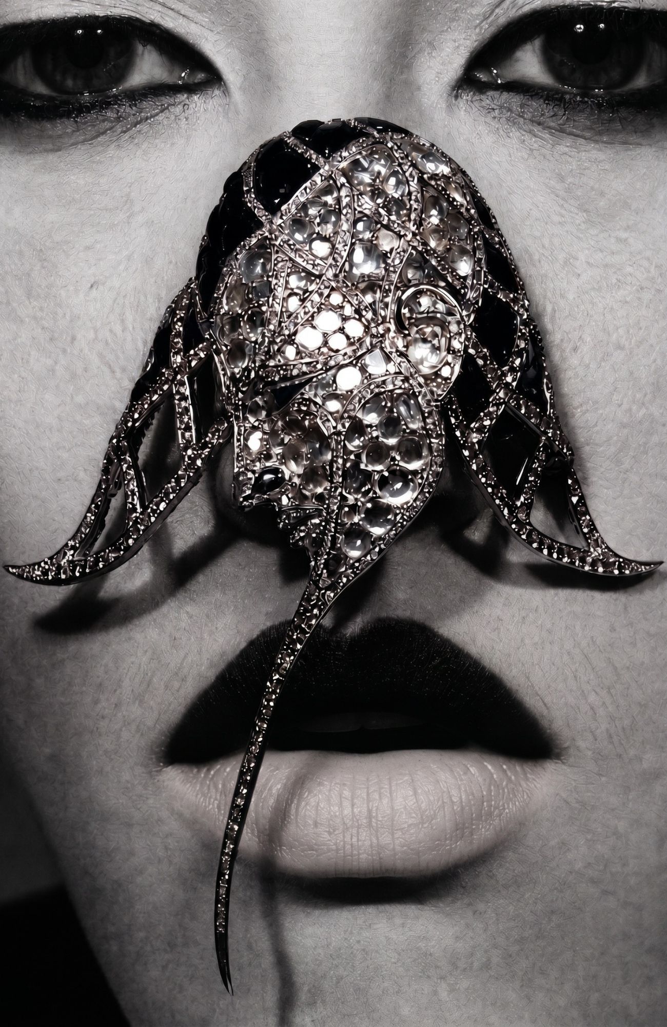 Tulip Brooch by Nilofar — a platinum stingray-form brooch pavé-set with diamonds and black enamel with a long trailing tail, a collector piece